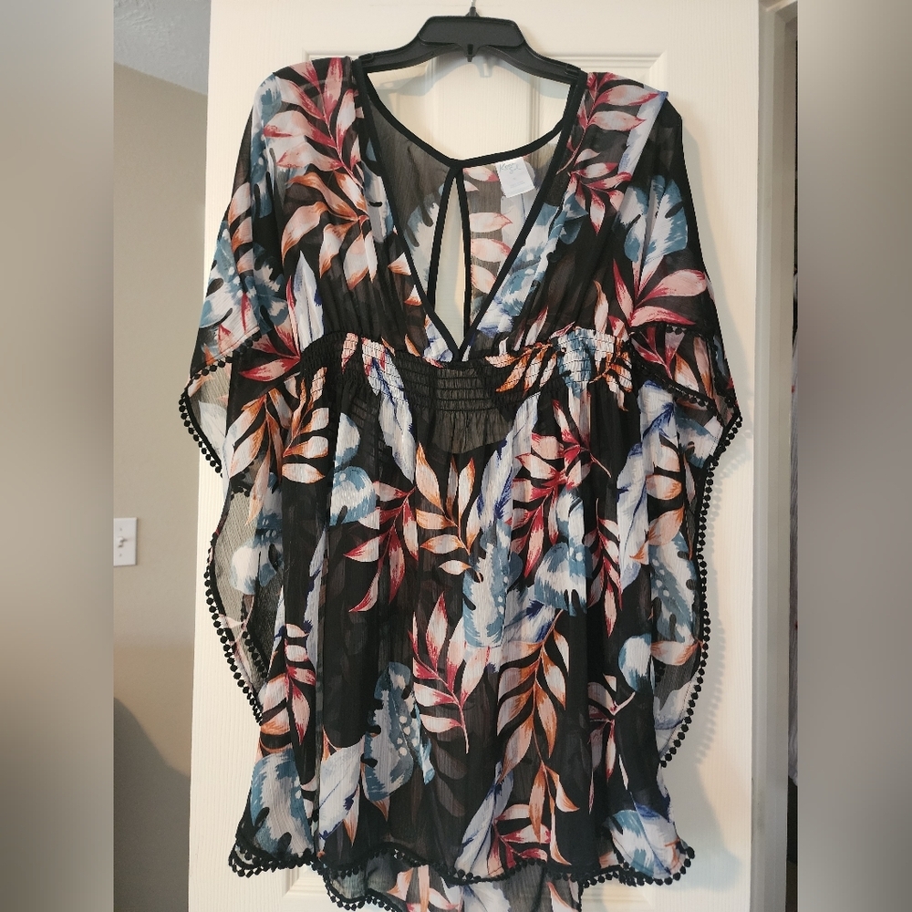 Kona Sol Black Multicolor Sheer Swim Cover-Up
